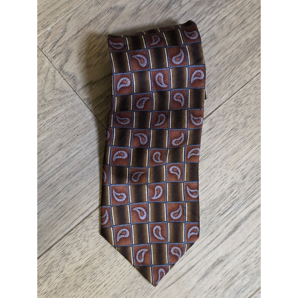 Christian Dumas 100% Silk Tie Made in Canada | Blue Paisley Geometric Brown
